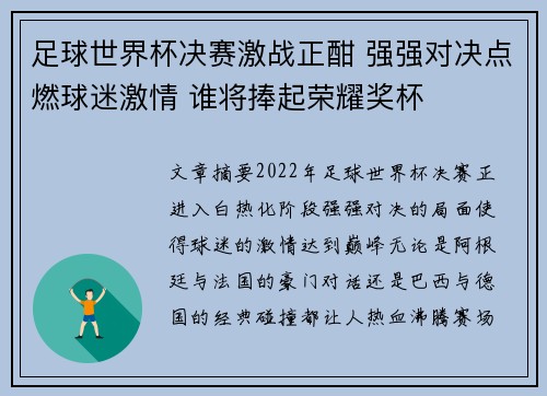 足球世界杯决赛激战正酣 强强对决点燃球迷激情 谁将捧起荣耀奖杯